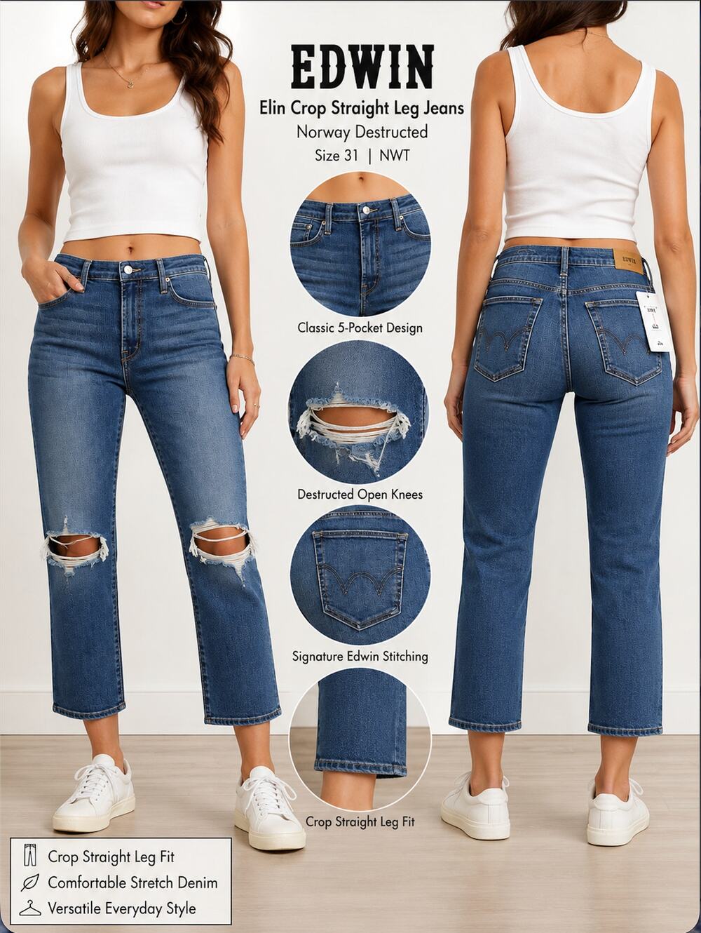 EDWIN Elin Crop Straight Jeans Norway Destructed NWT 31
